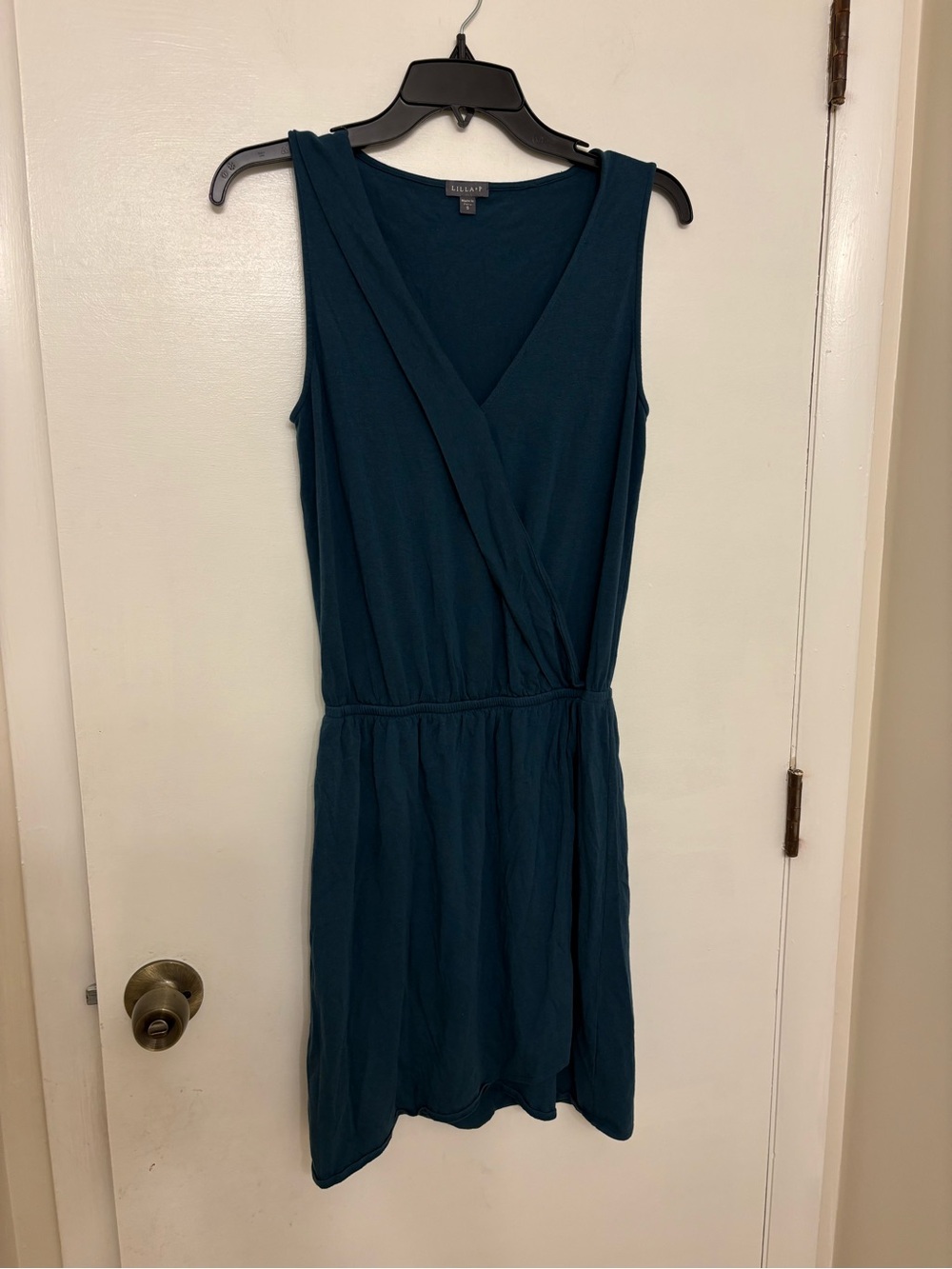 Lilla P Faux Wrap Dress Small Teal Blue Sleeveless Pima Cotton Modal Jersey S